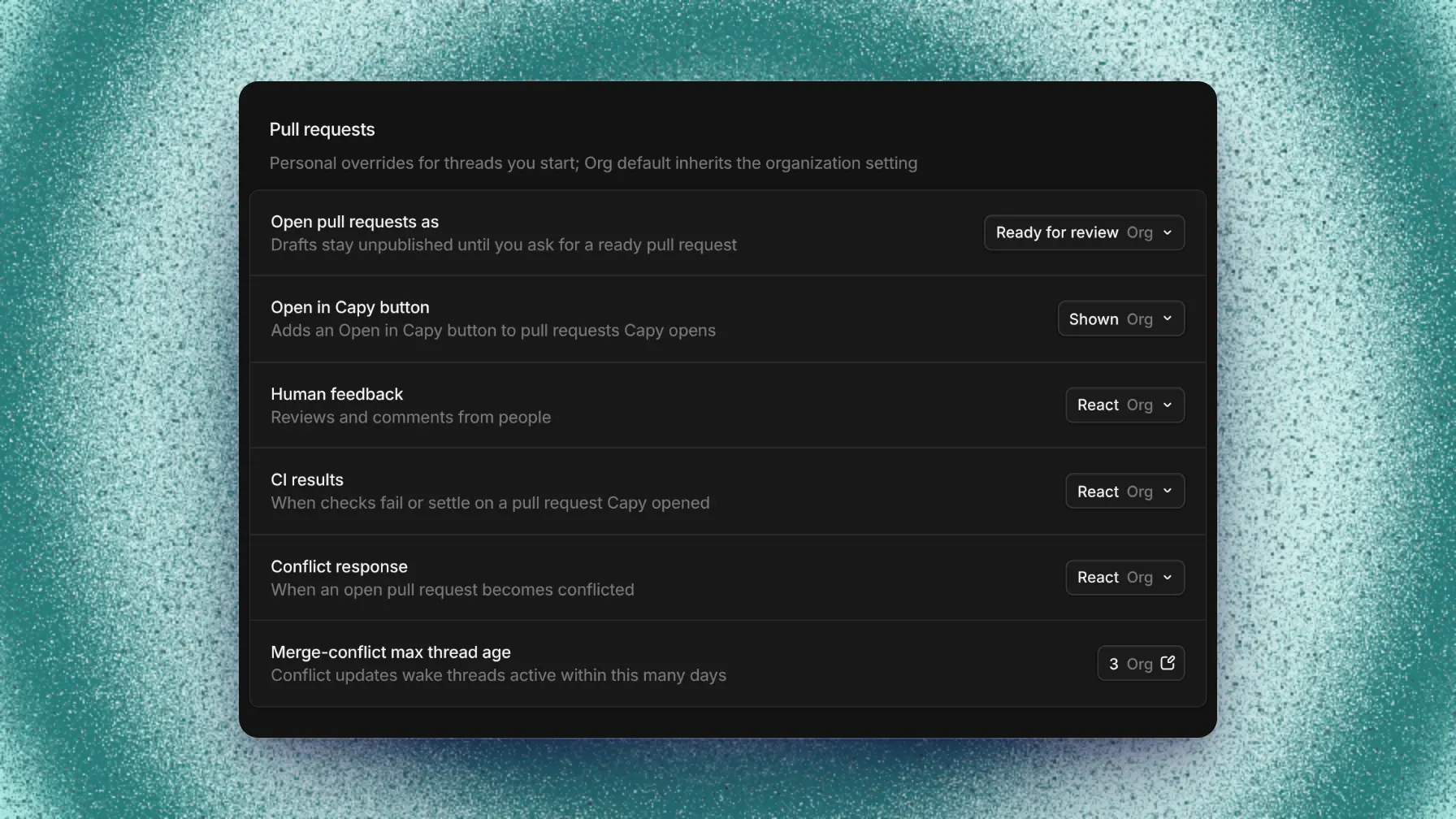 Capy settings with controls for pull request feedback and review bots