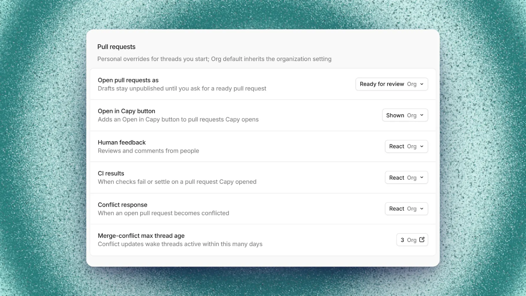 Capy settings with controls for pull request feedback and review bots