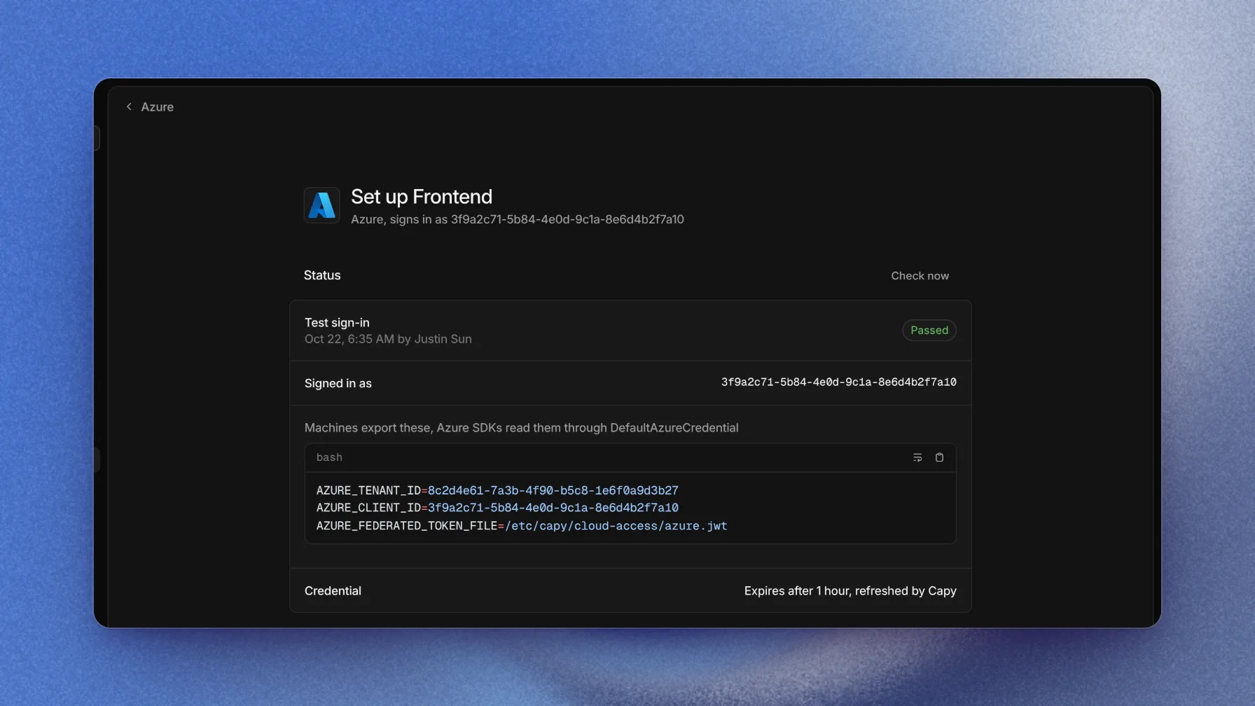 Azure status card with a passed test sign-in and the variables machines export