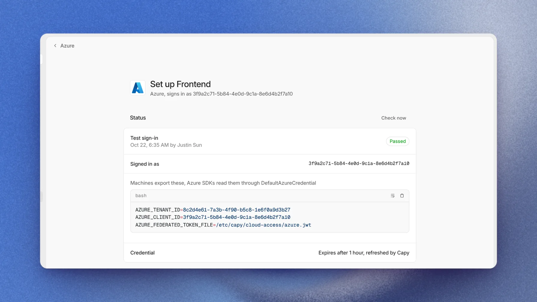 Azure status card with a passed test sign-in and the variables machines export