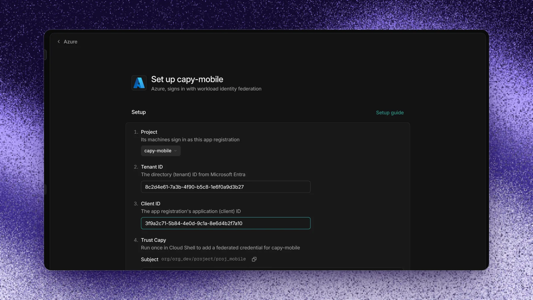Azure setup with the project, tenant ID, client ID, and the project's subject