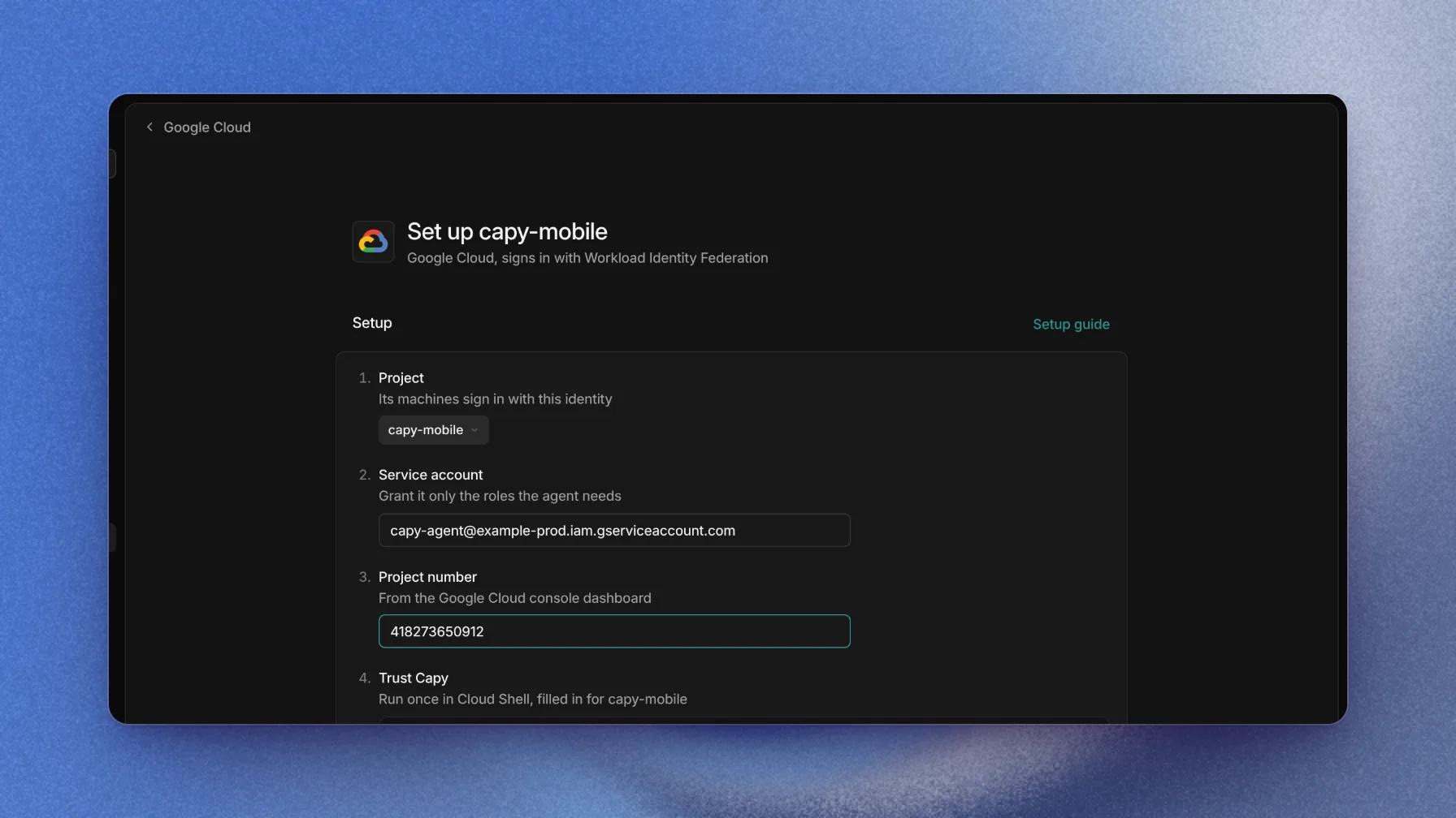 Google Cloud setup with the project, service account, and project number filled in