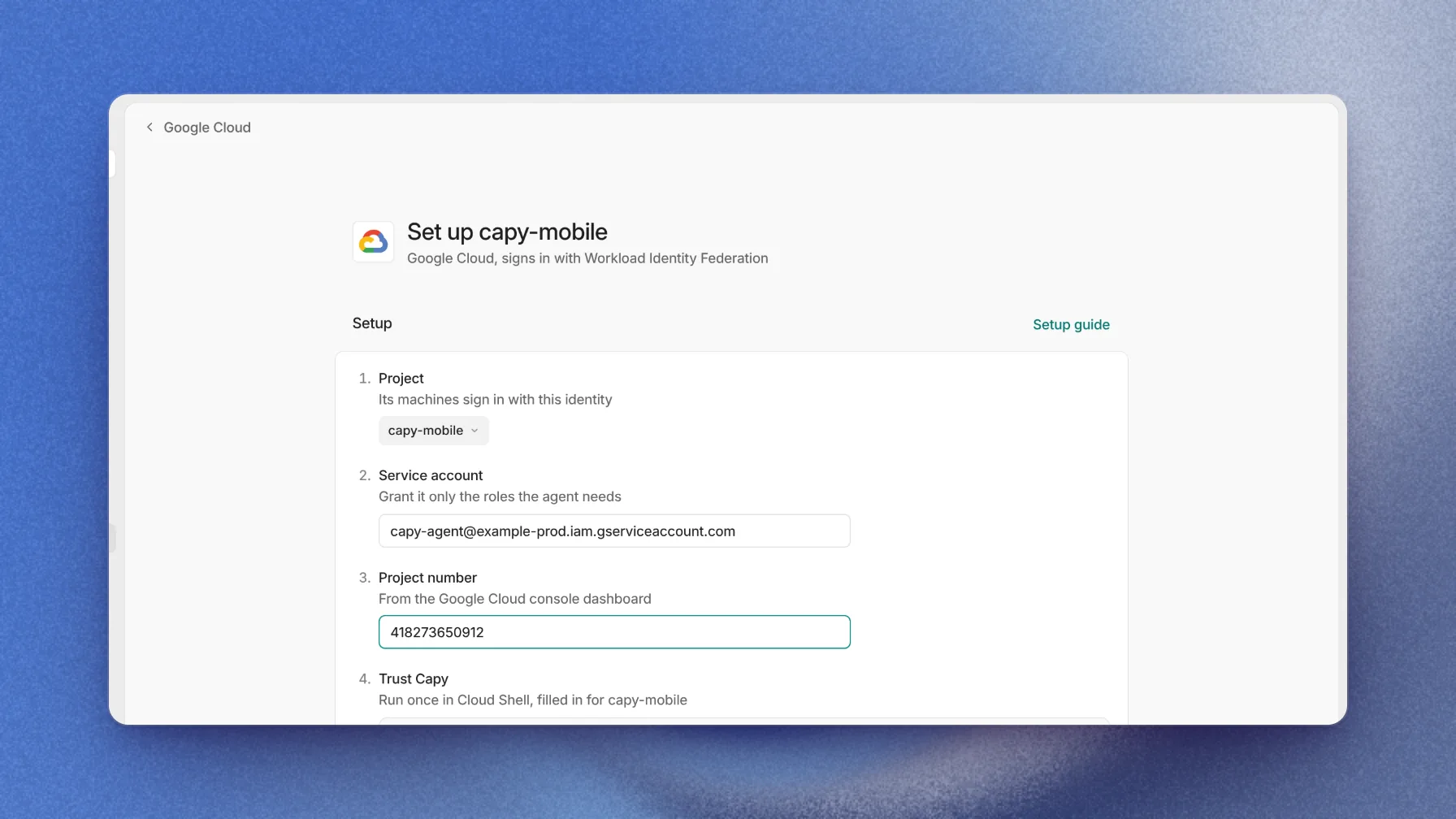 Google Cloud setup with the project, service account, and project number filled in