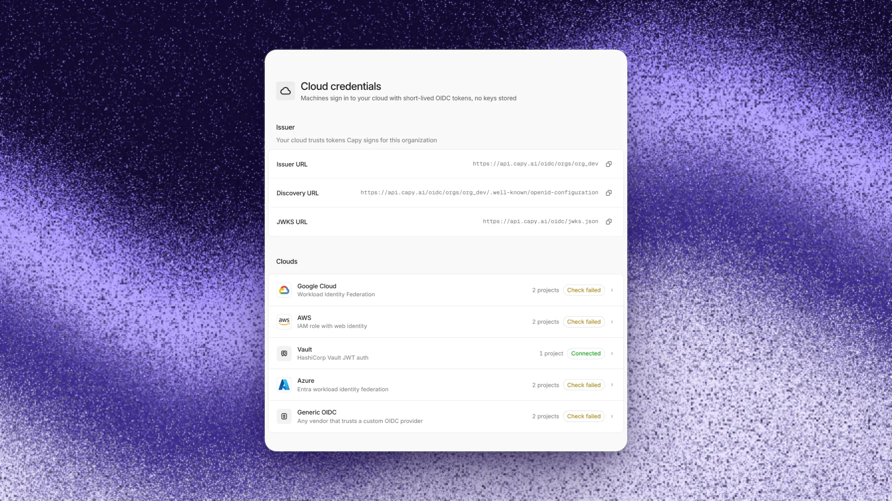 Cloud credentials settings with the issuer, discovery, and JWKS URLs, and one row per cloud