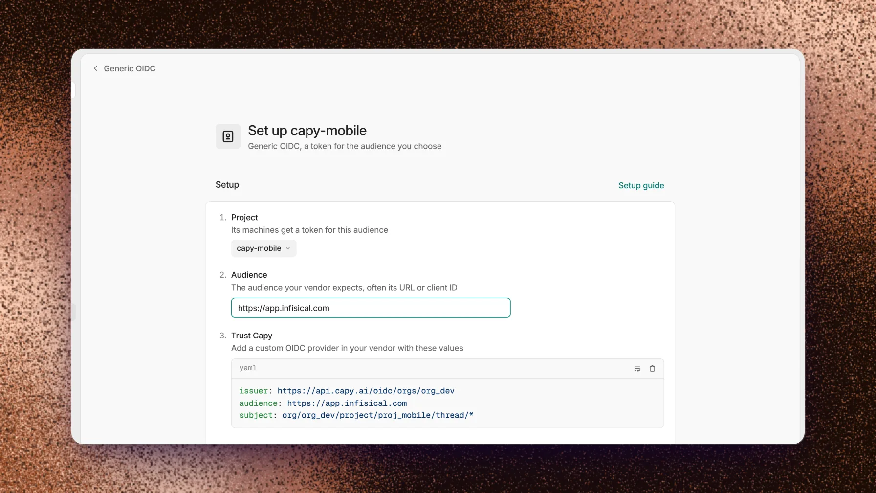 Generic OIDC setup with the project, the audience, and the issuer, audience, and subject values
