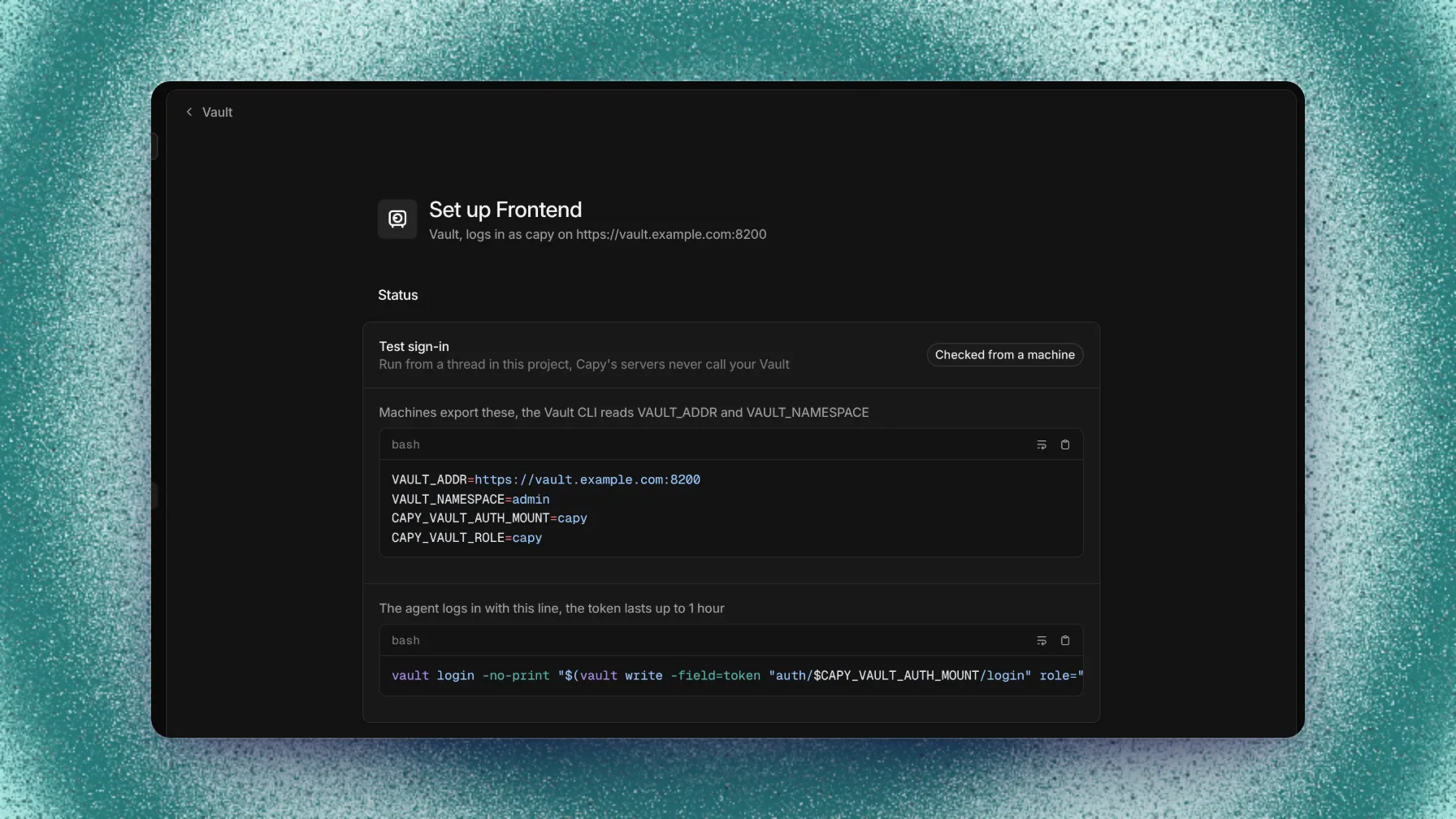 Vault status card with the exported variables and the login line