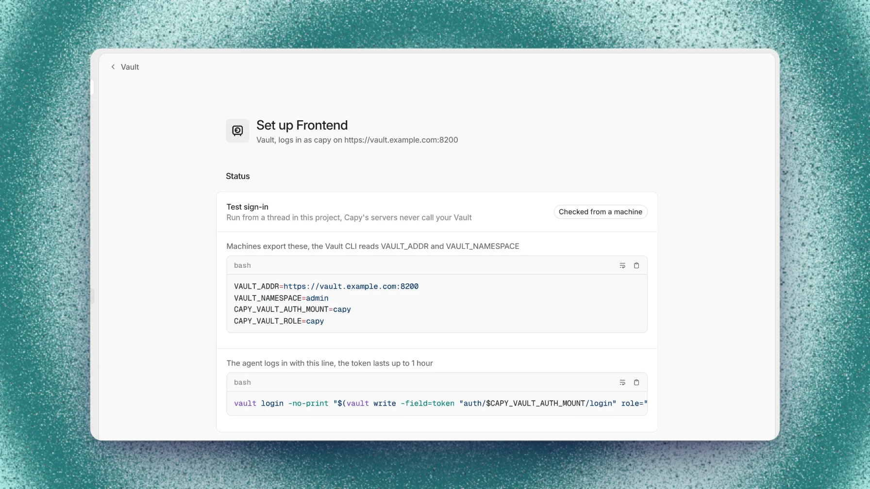 Vault status card with the exported variables and the login line
