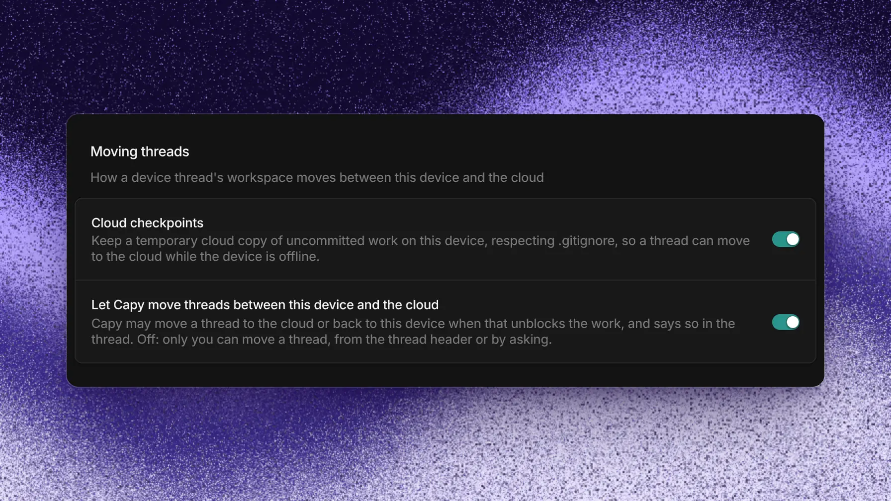 Device settings with cloud checkpoint and automatic offline handoff switches
