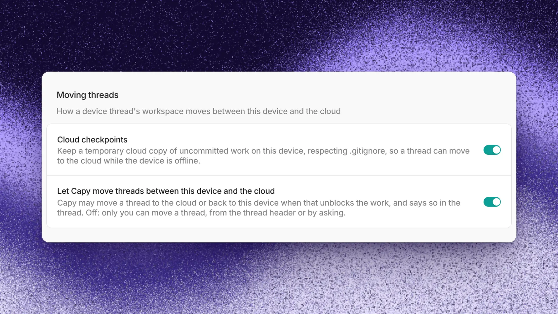 Device settings with cloud checkpoint and automatic offline handoff switches
