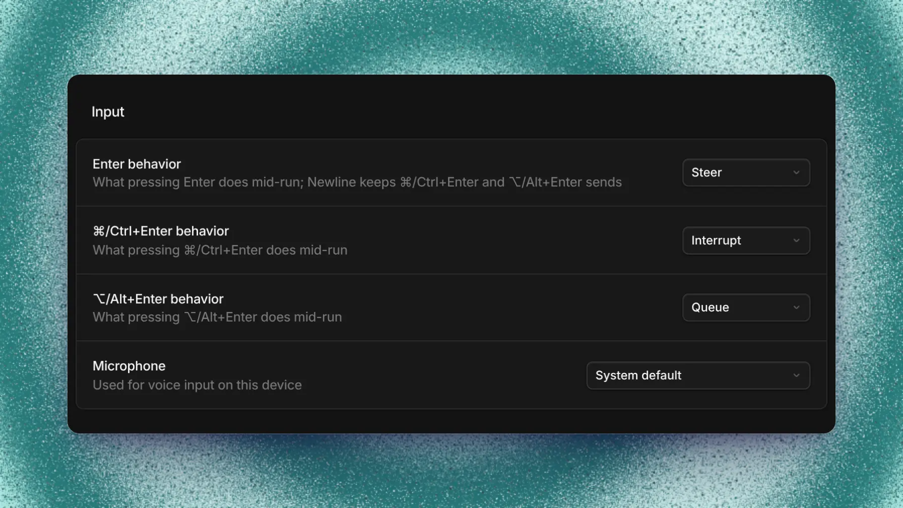 General settings with message input key bindings