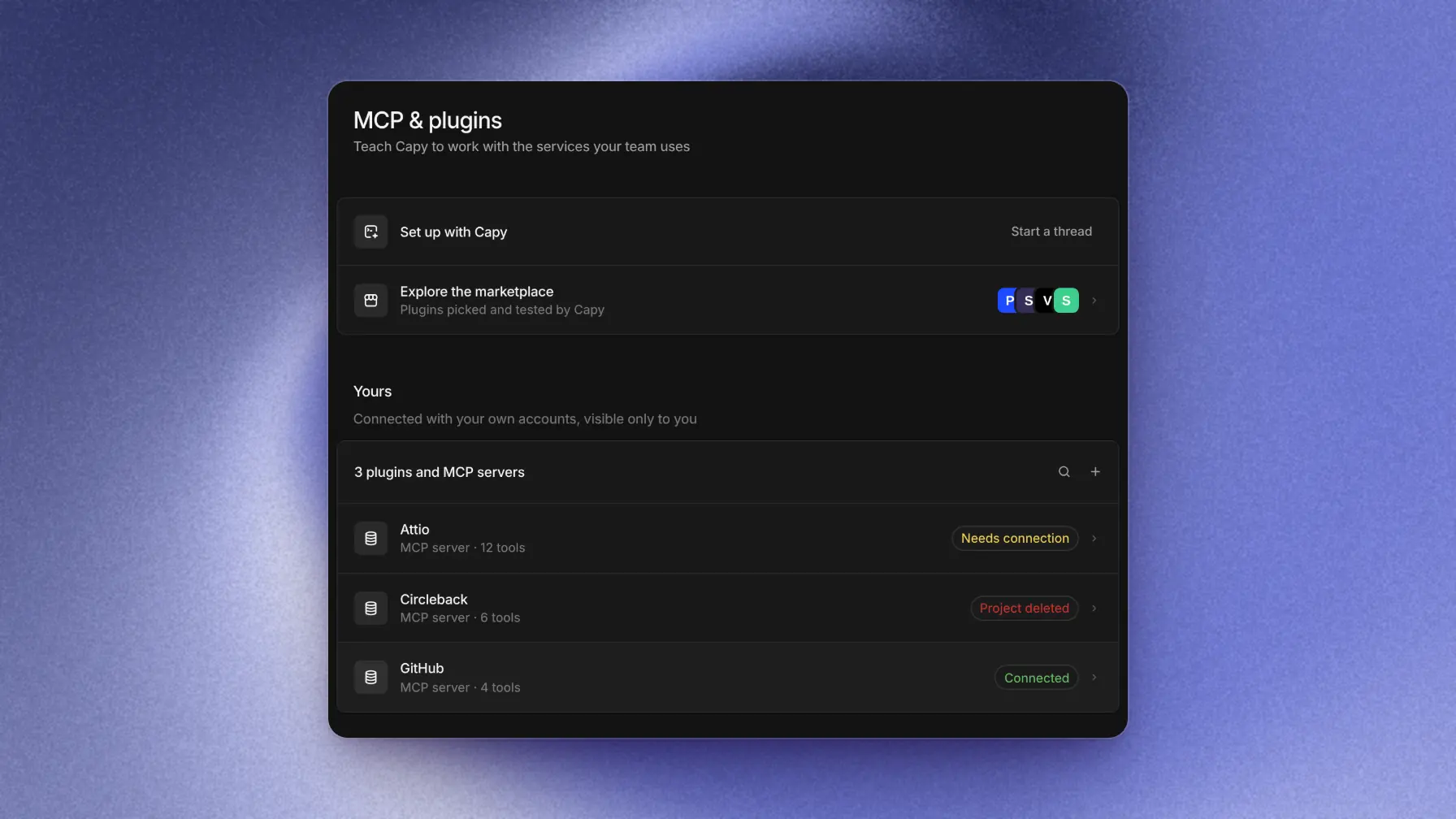 MCP and plugins settings with personal and organization server lists and connection statuses