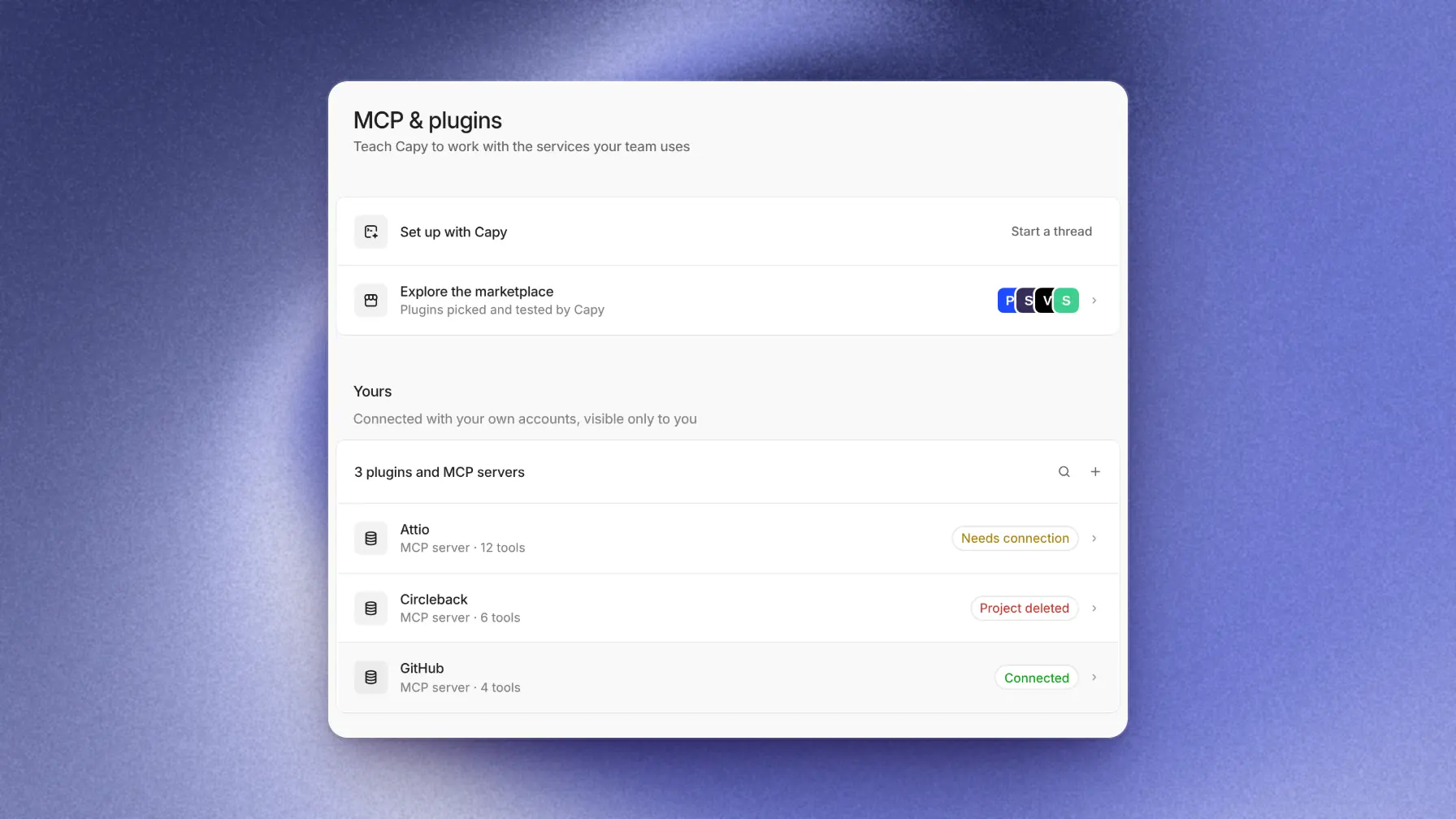 MCP and plugins settings with personal and organization server lists and connection statuses