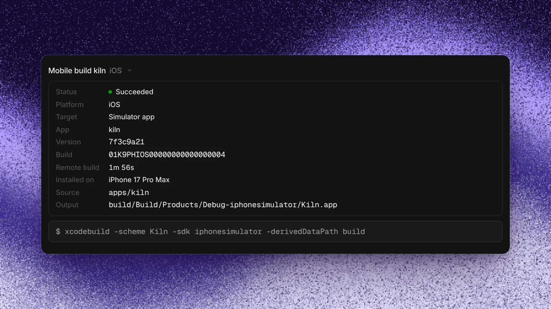 A succeeded iOS mobile build in a thread, with its platform, target, version, build, remote build time, installed phone, source, output, and commands