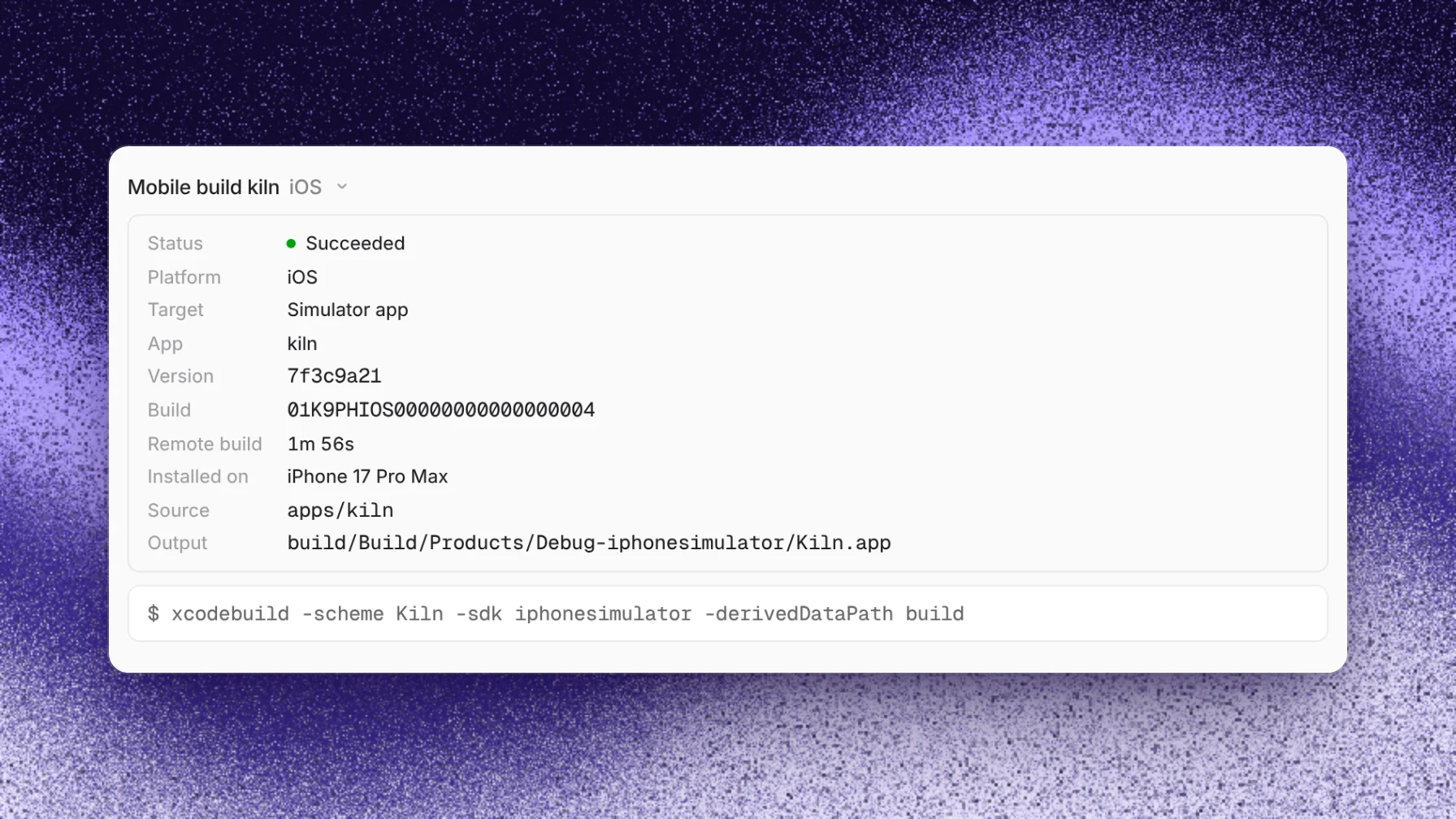 A succeeded iOS mobile build in a thread, with its platform, target, version, build, remote build time, installed phone, source, output, and commands