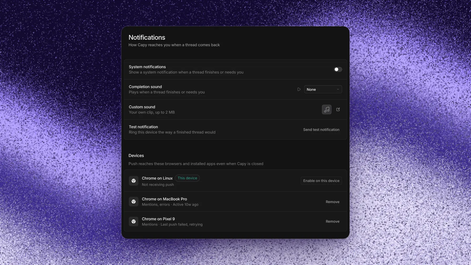Notification settings with sounds, system alerts, and device and push notification controls