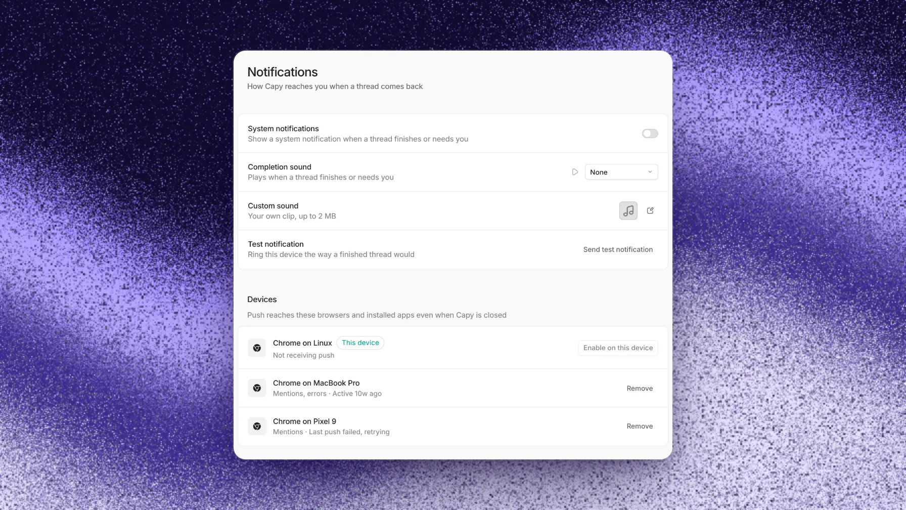 Notification settings with sounds, system alerts, and device and push notification controls