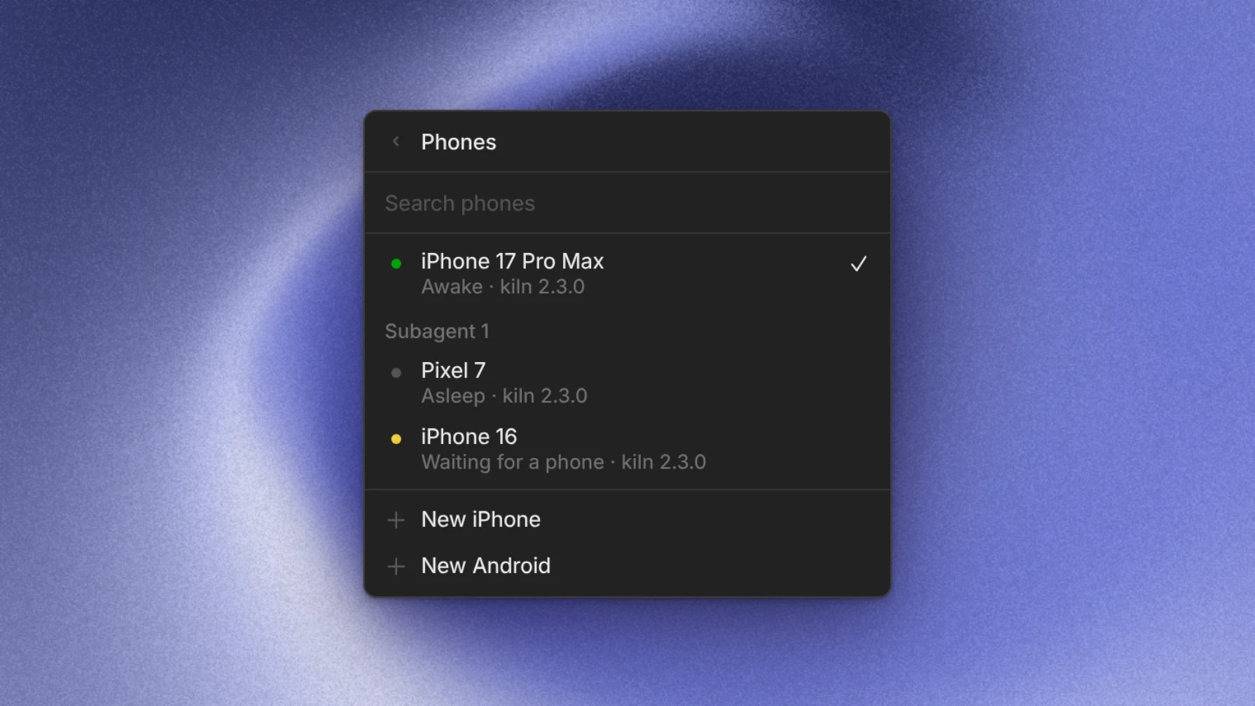 The Phones page of the tab menu, listing an awake iPhone, an asleep Pixel 7, a waiting iPhone 16, and New iPhone and New Android