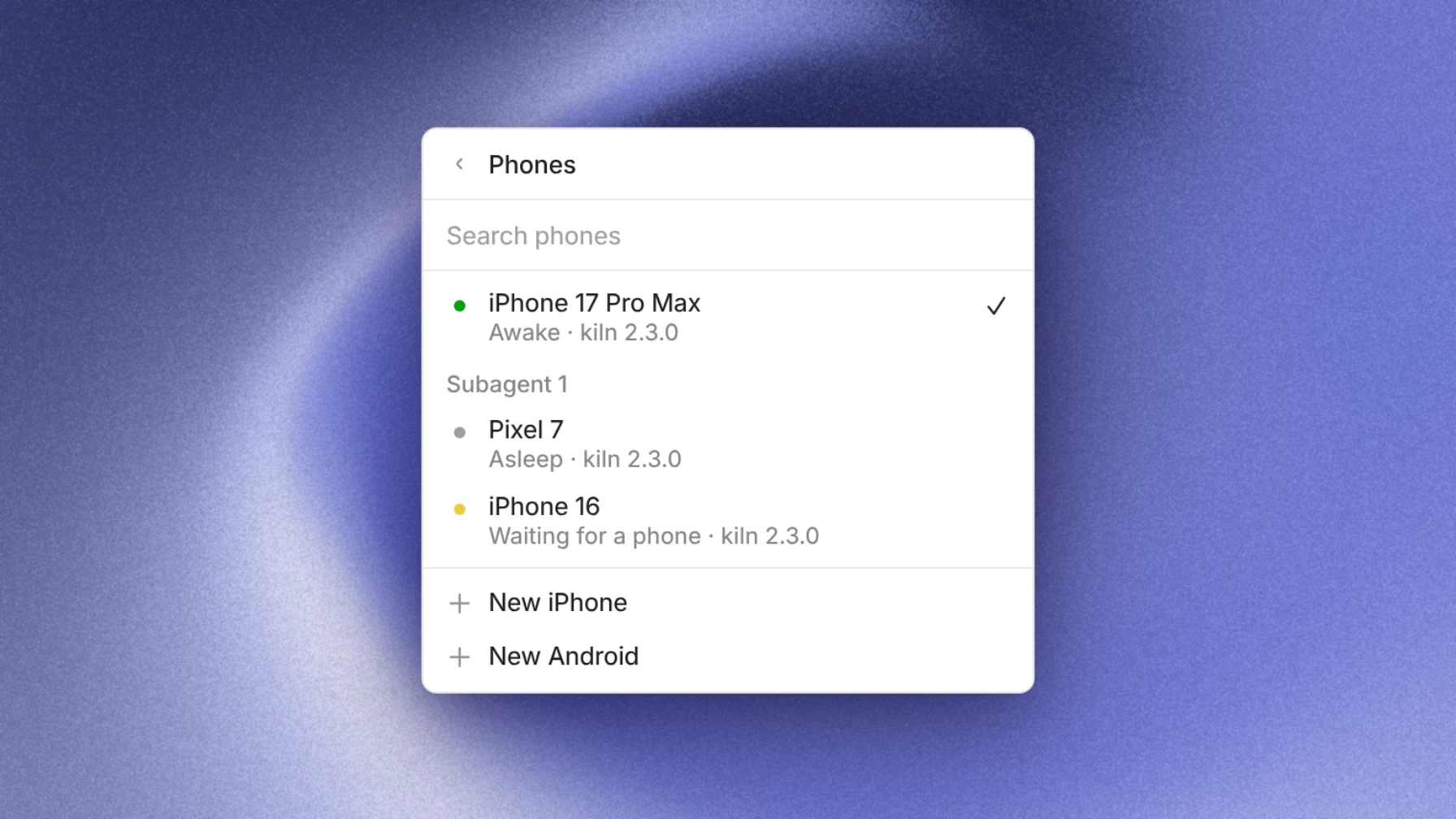 The Phones page of the tab menu, listing an awake iPhone, an asleep Pixel 7, a waiting iPhone 16, and New iPhone and New Android