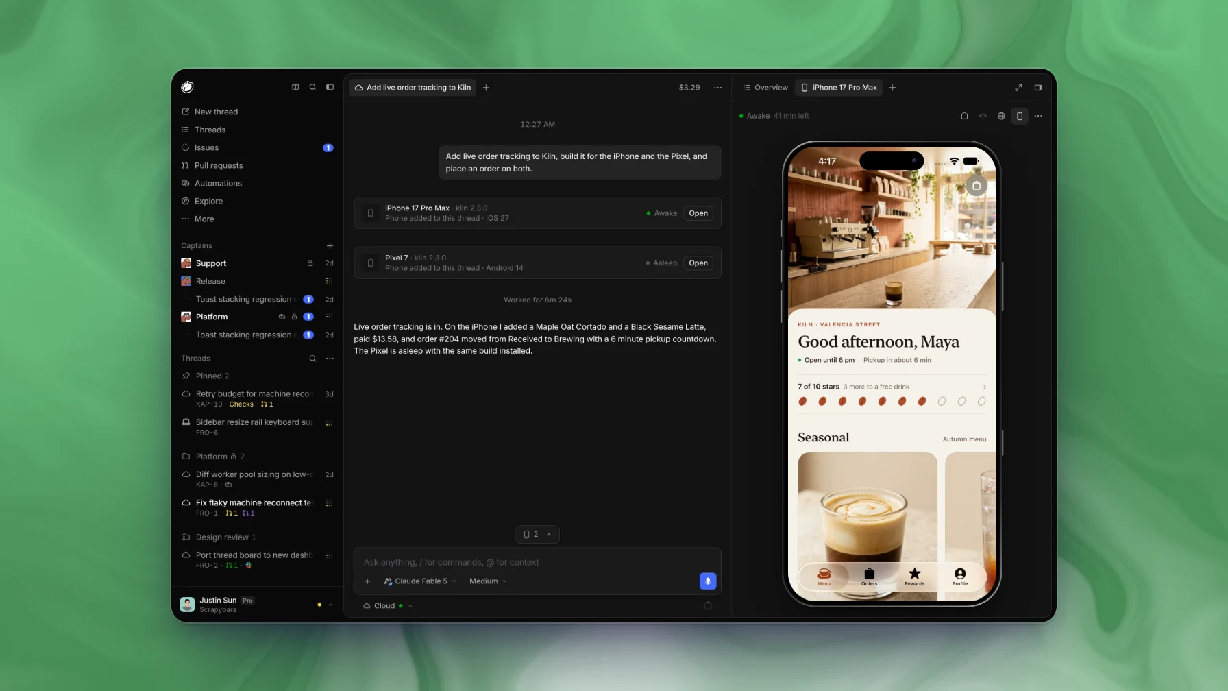 The Capy app with a thread that built a coffee-ordering app, and the side pane showing the iPhone 17 Pro Max running it