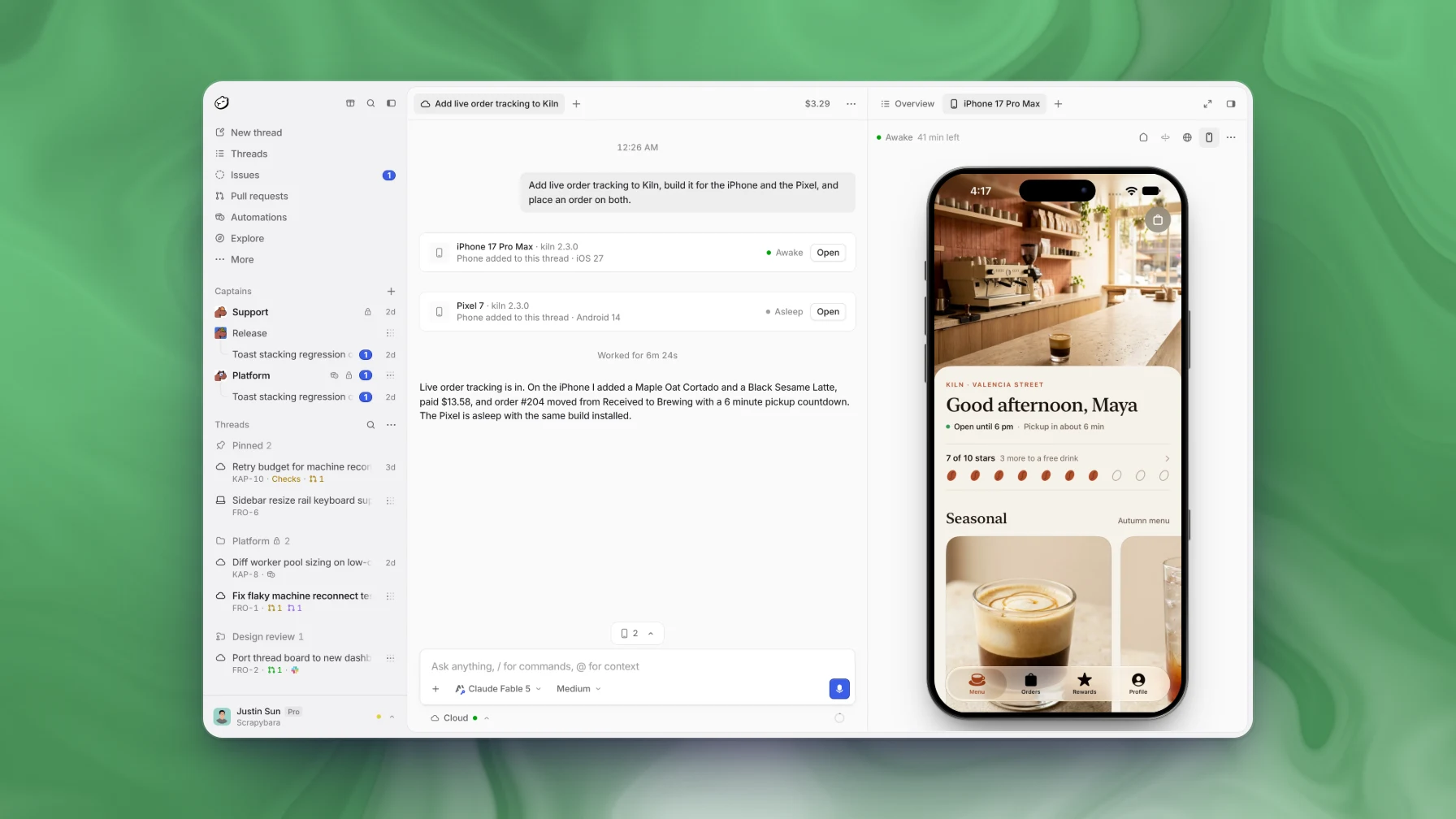 The Capy app with a thread that built a coffee-ordering app, and the side pane showing the iPhone 17 Pro Max running it