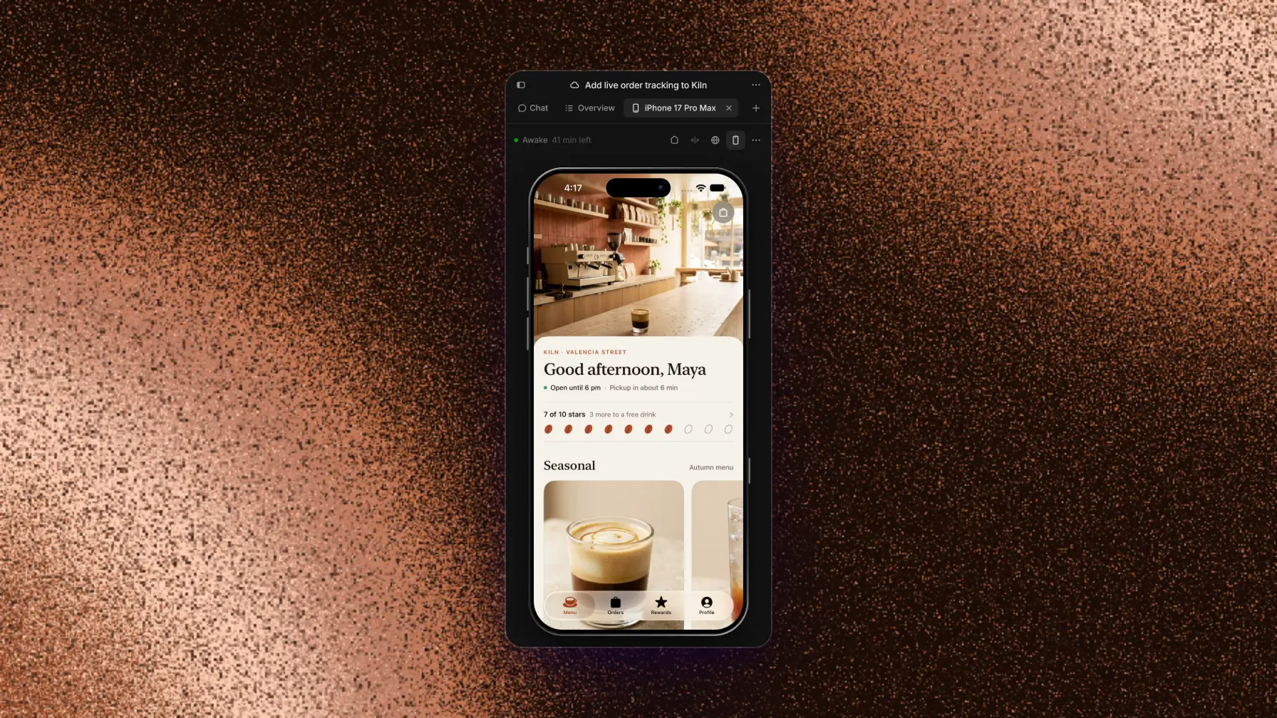 The phone tab on a narrow screen, next to the Chat and Overview tabs, with the phone's live screen in its device frame