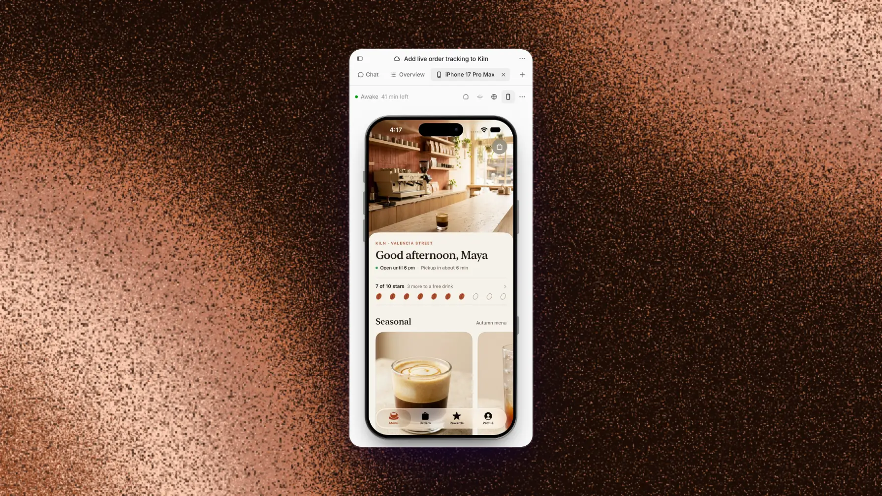 The phone tab on a narrow screen, next to the Chat and Overview tabs, with the phone's live screen in its device frame