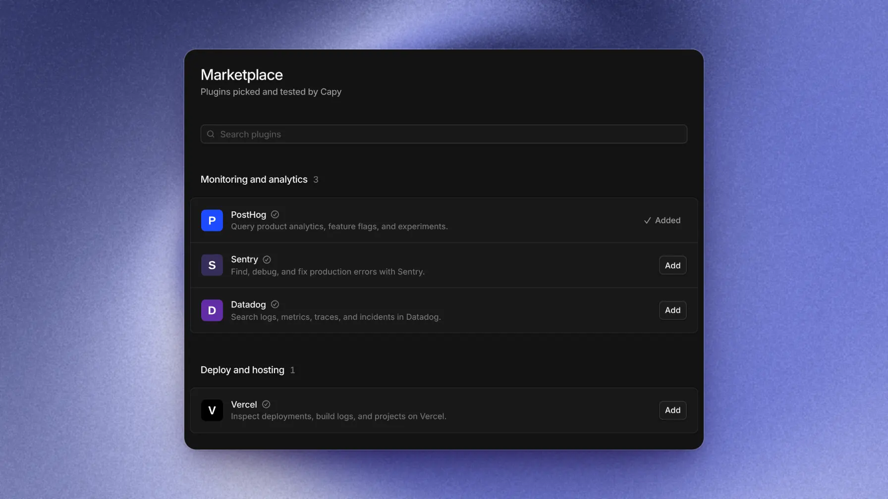 Plugin marketplace with service cards, search, and category filters
