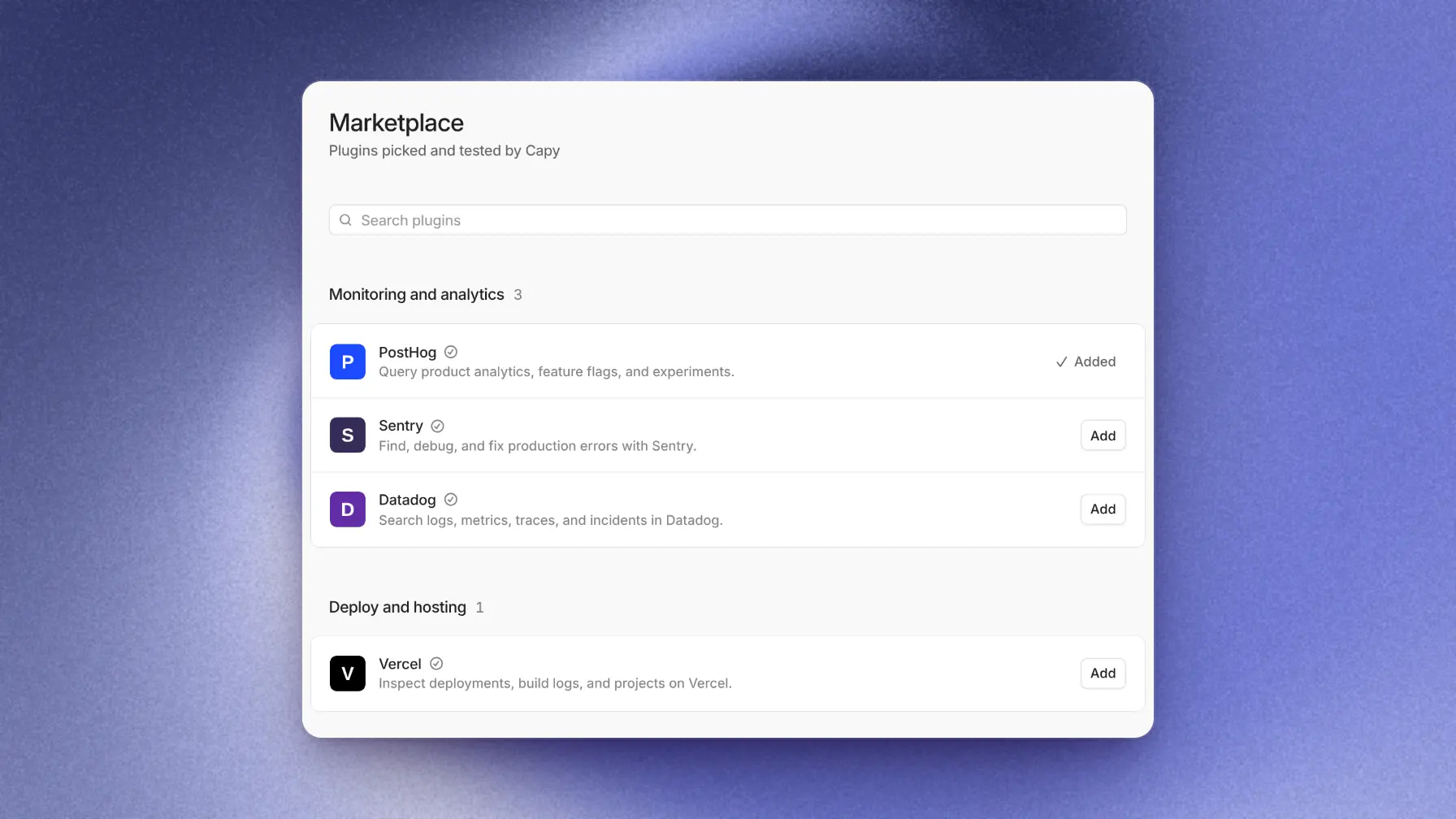 Plugin marketplace with service cards, search, and category filters