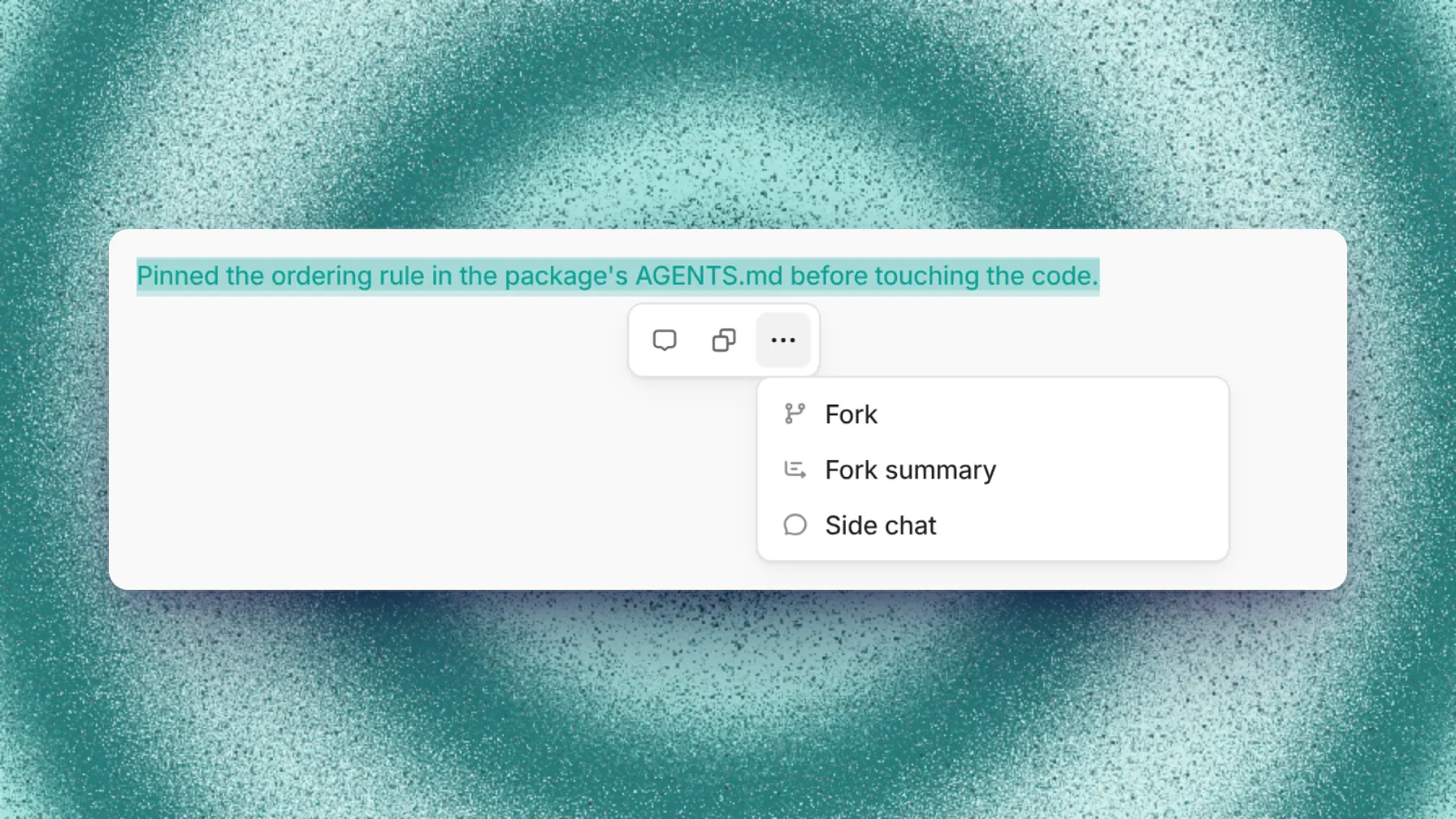 Selection actions menu with Fork, Fork summary, and Side chat