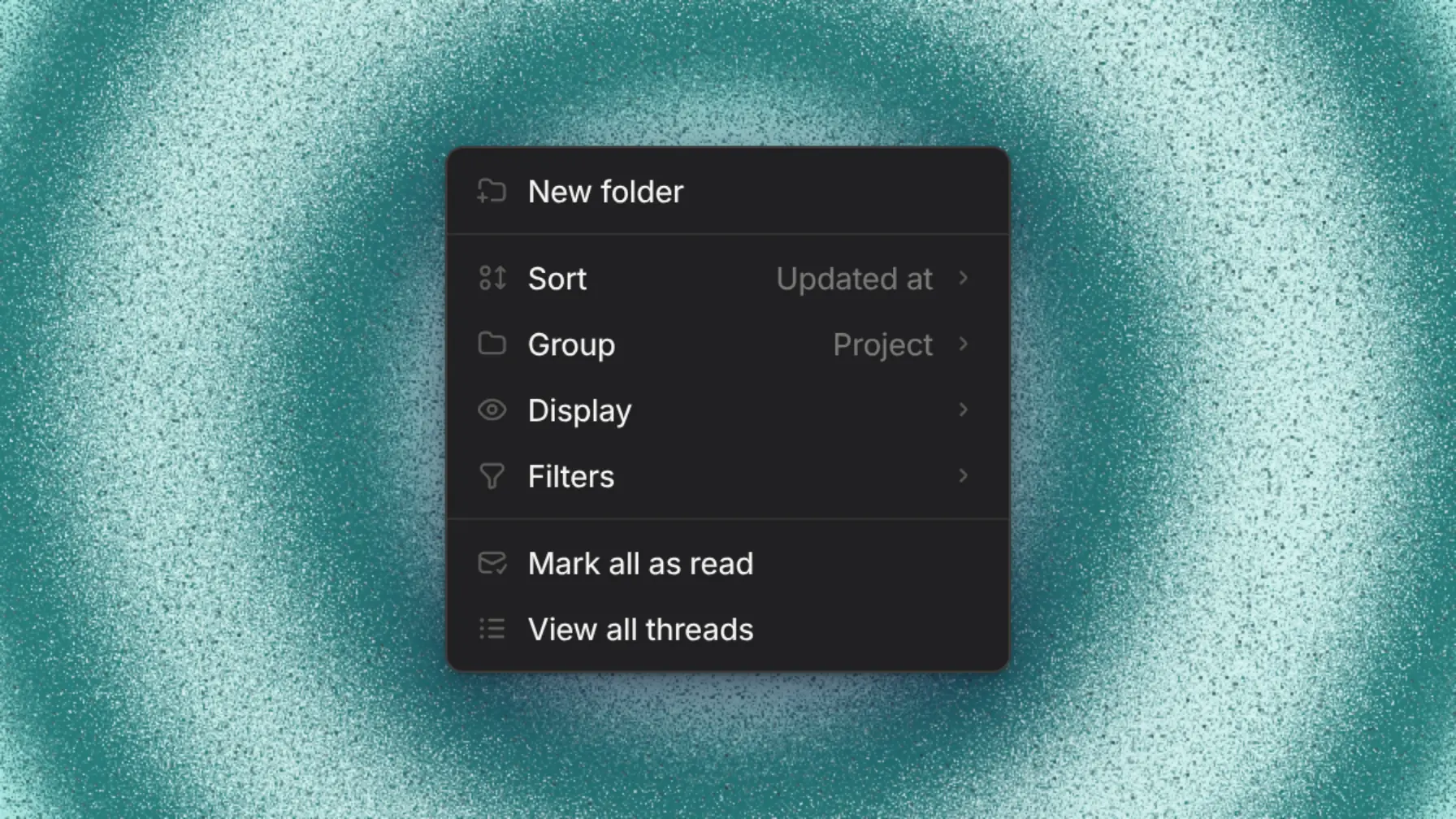Sidebar options menu with Sort, Group, Display, and Filters