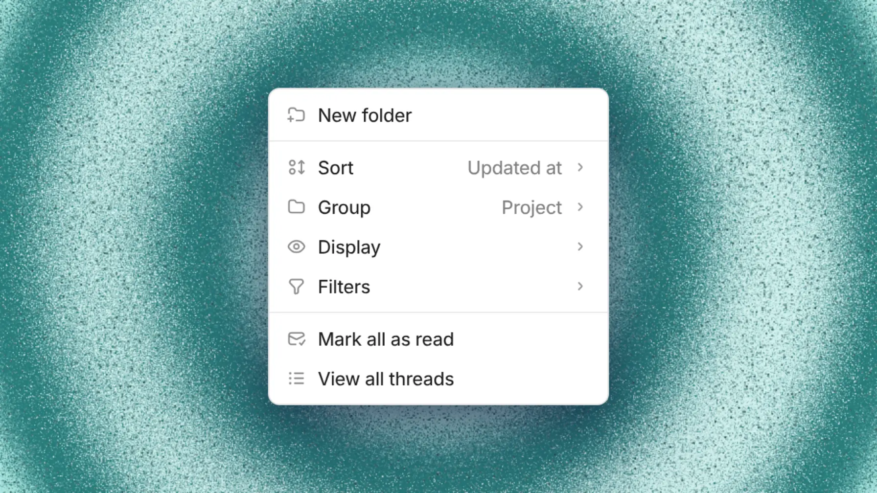 Sidebar options menu with Sort, Group, Display, and Filters
