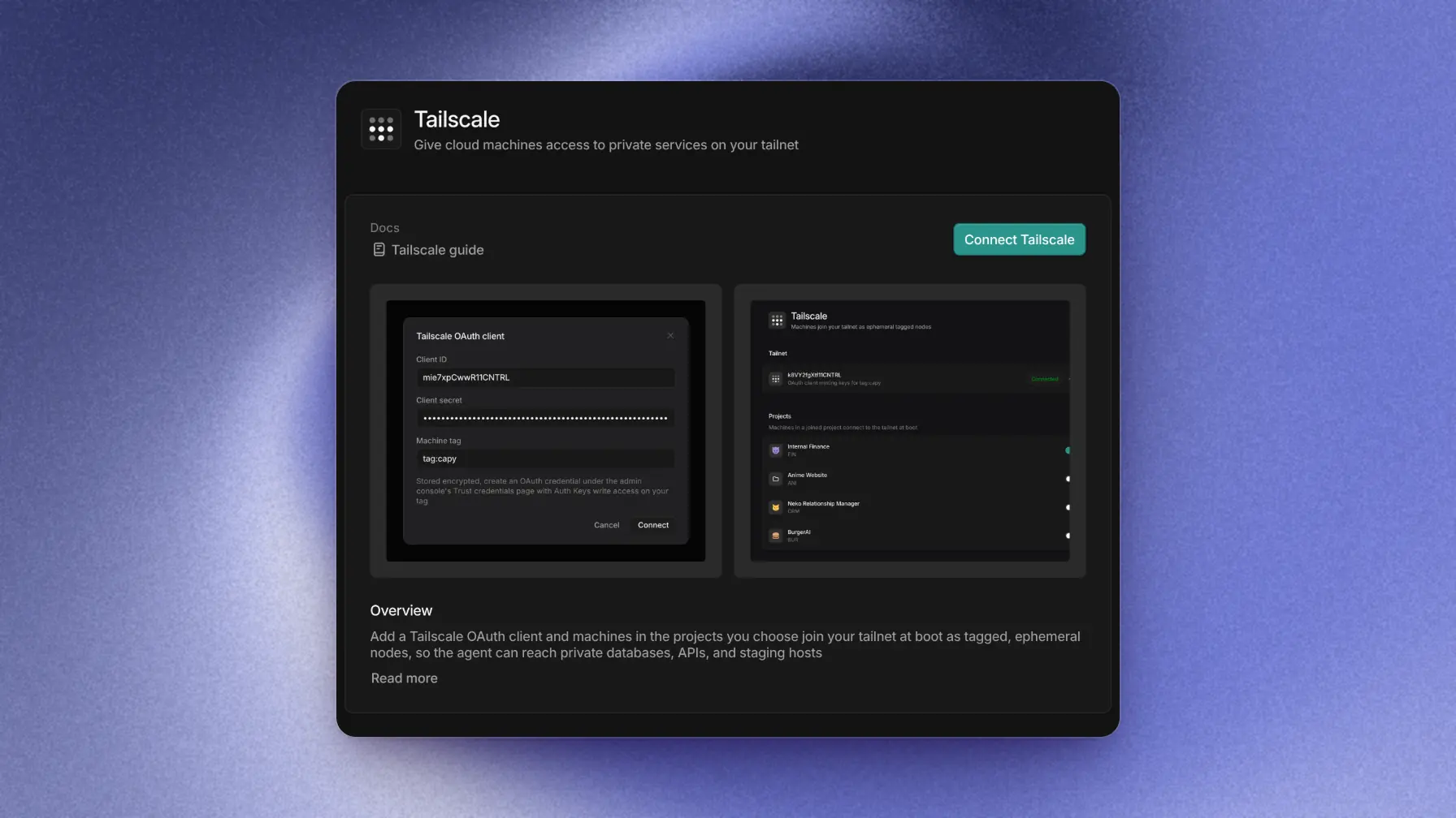 Tailscale integration page with the Connect Tailscale control