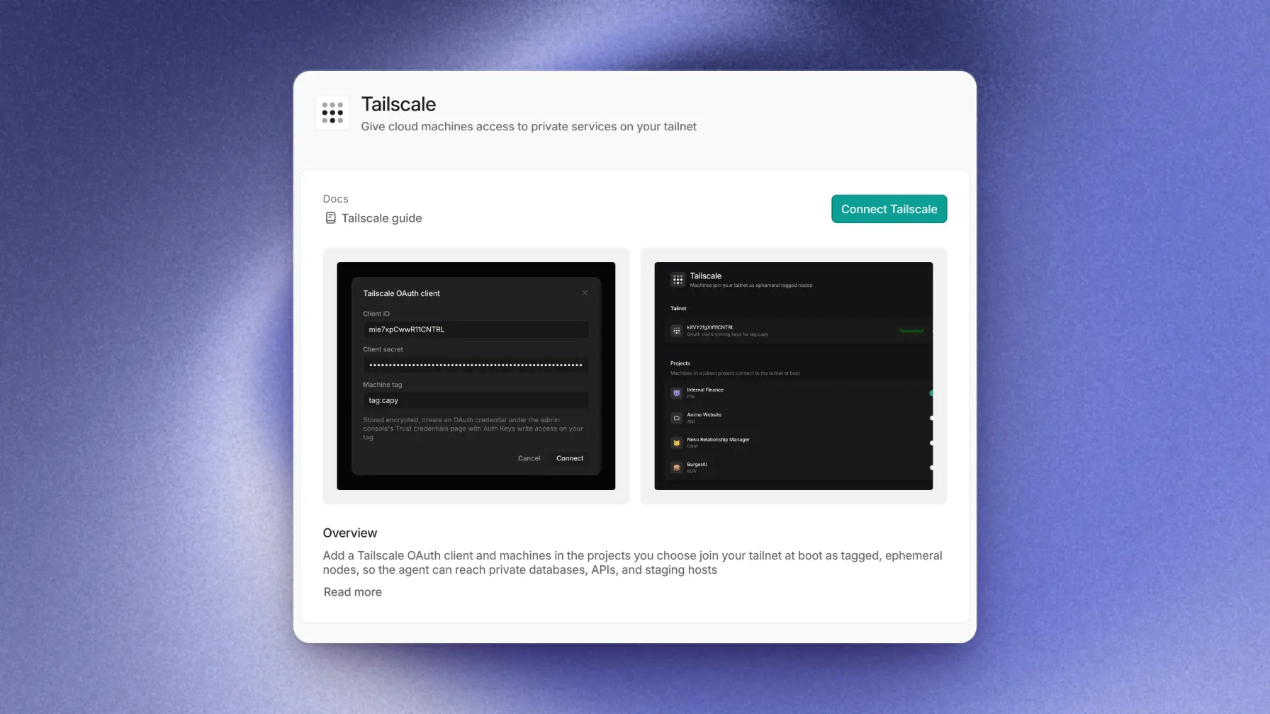 Tailscale integration page with the Connect Tailscale control