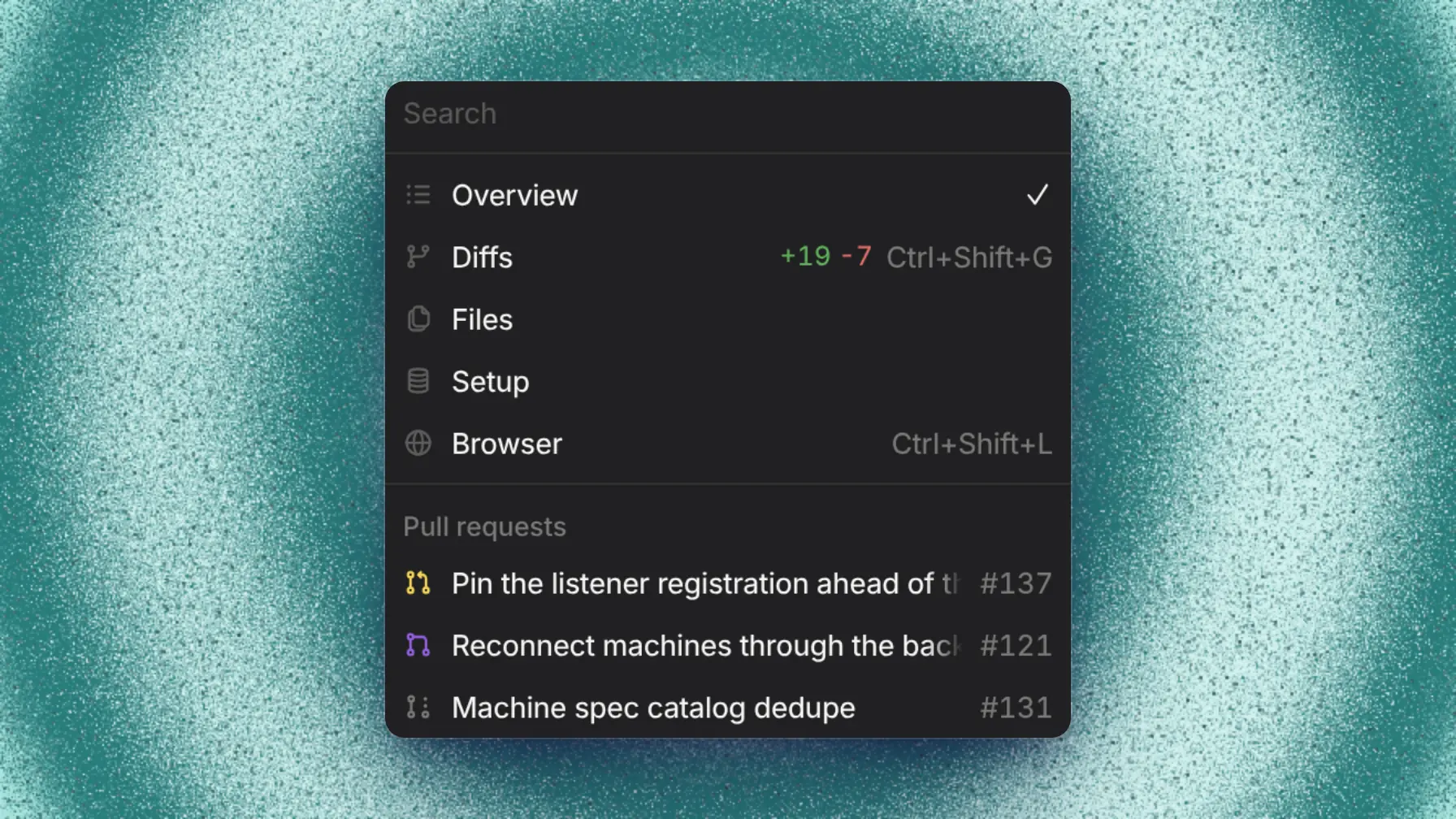Thread tab menu with Overview, Diffs, Files, Setup, Browser, and pull requests